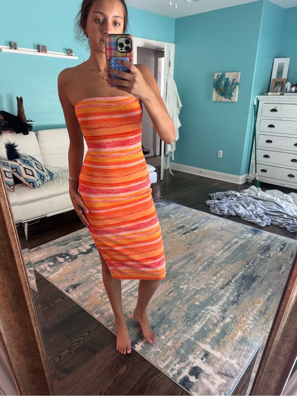 Strapless Orange Multi-Stripe Bodycon Dress